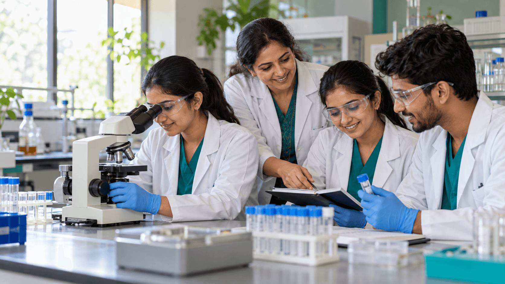 AI-generated illustrative scene of adult paramedical students learning in a laboratory